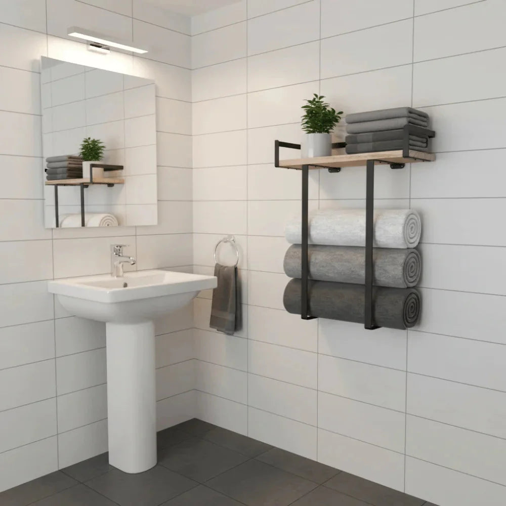 Wood and Iron Bathroom Shelf Rectangle Shape Rust Proof Shower Shelf Large Capacity Space Saving Wall Mounted Shelf