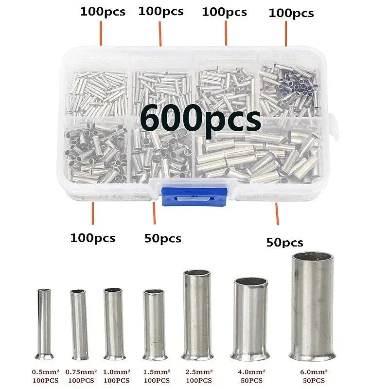 600/700pcs Bare Terminal Tubular Wire End Ferrules Mix Size Uninsulated Cable Sleeves Simple for Wire Connection Pin Crimp