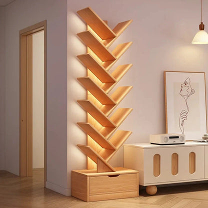 Tree-shaped Bookshelf Solid Wood Book Rack Floor-to-ceiling Space-saving Shelf Living Room Storage Shelf Display Shelf Household