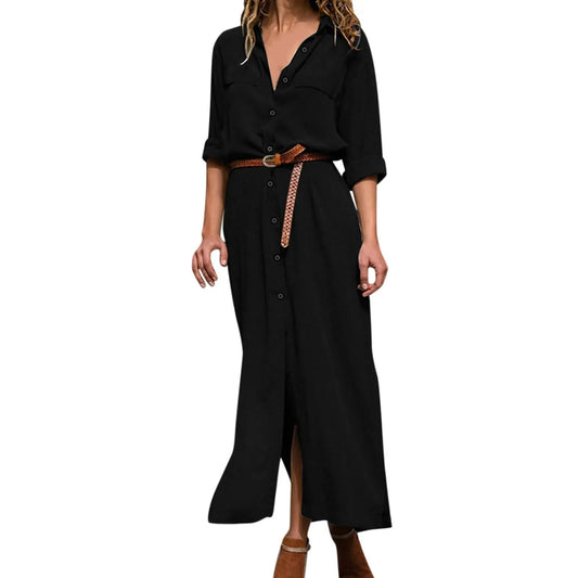 Womens Lace Up Tunic Dresses Summer Streetwear Long Sleeve Shirt Dresses With Belt casual Solid Color Linen Maxi Dress for women