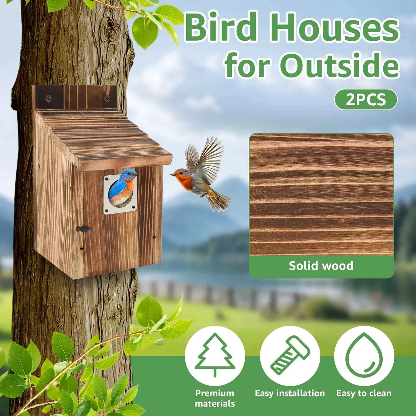 2Pcs Wooden Bird House Outdoor Weatherproof Parrot Bird Nest Breeding Sleeping Box Birdhouse Garden Patio Decorative
