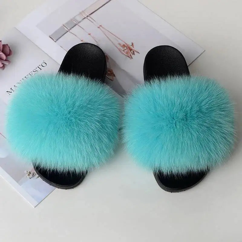 Summer Women Fur Slides Fluffy Furry Slippers Indoor Fuzzy Flip Flops Casual Outdoor Flat Ladies Fur Sandals Plush House Shoes