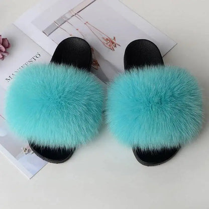 Summer Women Fur Slides Fluffy Furry Slippers Indoor Fuzzy Flip Flops Casual Outdoor Flat Ladies Fur Sandals Plush House Shoes