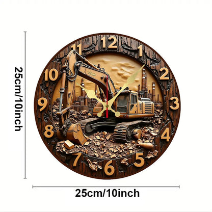 Excavator Industrial Wooden Round Silent Hanging Wall Clock, Suitable For Living Room,Office,Study Room,Bedroom, Home Decoration