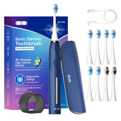 SEAGO Electric Toothbrush with 8 Soft Bristle Heads for Adults Pressure Sensor 5 Modes with 2 Minutes Smart Timer SG-2752