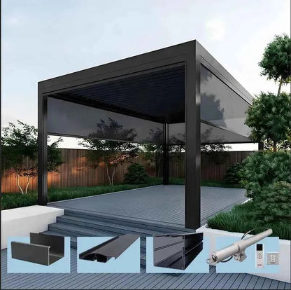 Pergola Electric rainproof garden louver aluminum pergola outdoor gazebo motorized sunshade backyard pergola with roller blinds