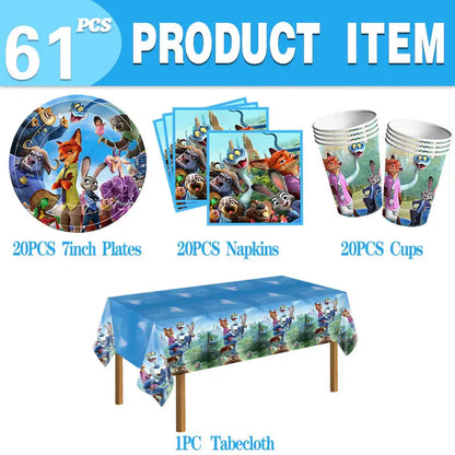 Zootopia Theme Party Supplies Nick Judy Birthday Decoration Balloon Set Tableware Kit Banner Plates Gifts Bags Keychains Sticker