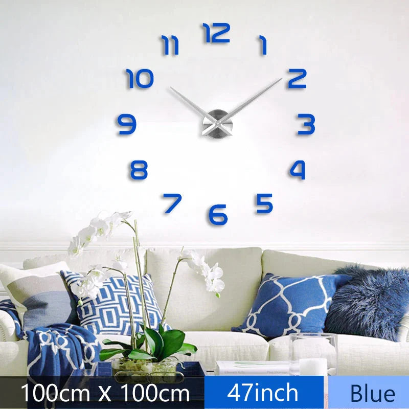 Fashion 3D Mediterranean style big size blue wall clock mirror sticker DIY brief living room decor meetting room wall clock