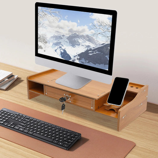Home Computer Monitor Lift Stand with Drawers and Phone Holder, Desktop Organizer, Desktop Drawer Storage Cabinet