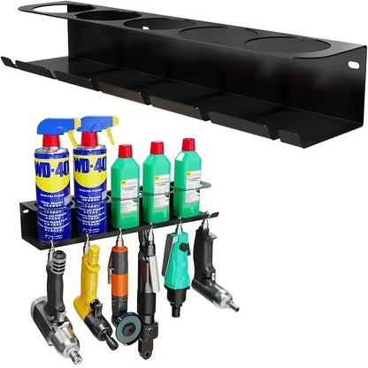 Pneumatic Tool Holder and Aerosol Rack Combo, Wall Mounted Metal Spray Can Bottle Holder Air Tool Organizer Rack for Garages
