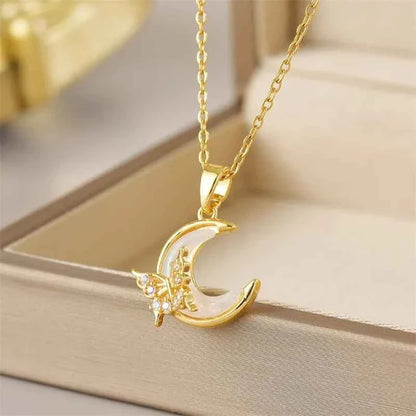 Exquisite Micro Inlaid Zircon Butterfly Tassel Necklace For Women Stainless Steel Moon Butterfly Flower Clavicle Choker Jewelry