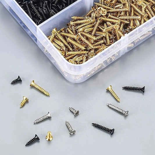 2400pcs Miniature Self-Tapping Screws, M2 Wood Screws, Phillips Head Screws, Flat Head Screws, Gold, Black, Silver Set