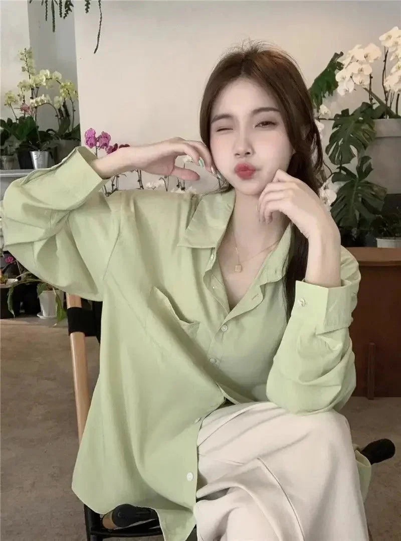 Sunscreen Shirt for Women in Summer New Polo Collar French Unique Loose Solid Color Long-sleeved Top Trendy