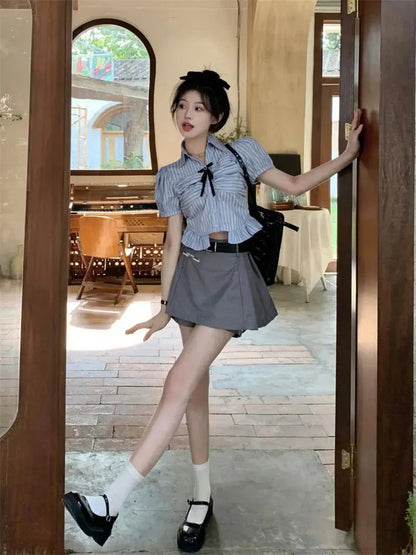 Bow-rinked Striped Shirt for Women Summer French Sweet and Spicy Puff Sleeve Shirt Short Short Sleeve Top