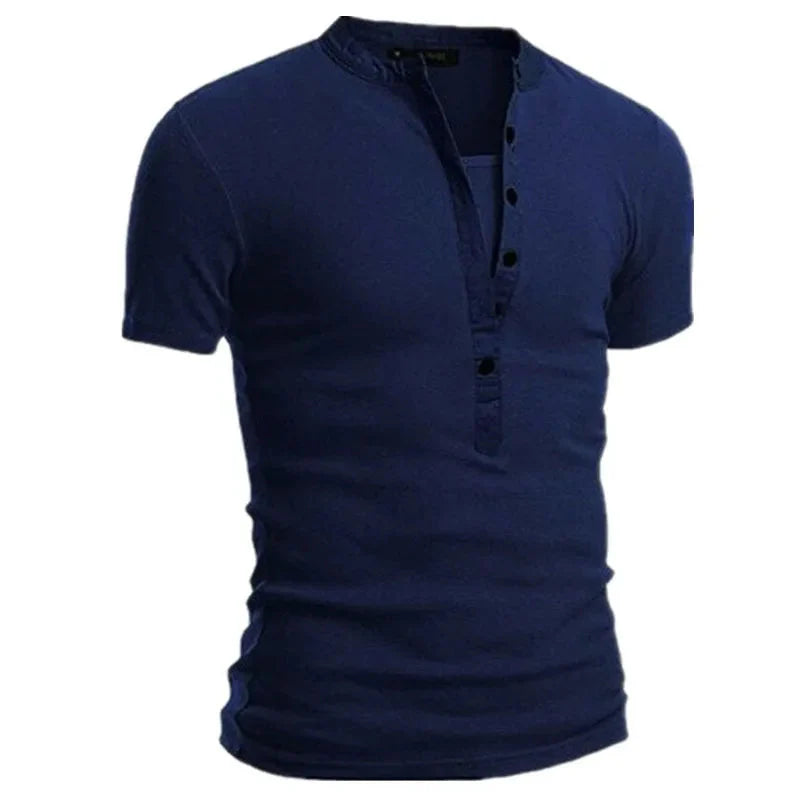 2026 Men's Summer Casual Shirts Solid V-neck Button Slim Fit T-Shirts for Men Fashion Short Sleeve Tees Tops Men Clothing S-3XL