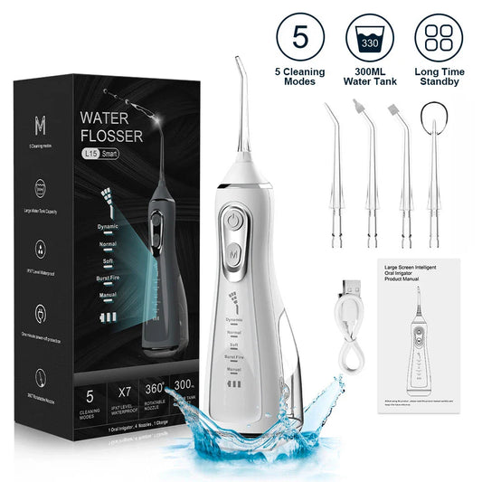 Oral Irrigator 40-140PSI Tooth Scaler 5 Speed Water Flosser Rechargeable Dental Water Jet 300ML IPX6 Waterproof Teeth Cleaner