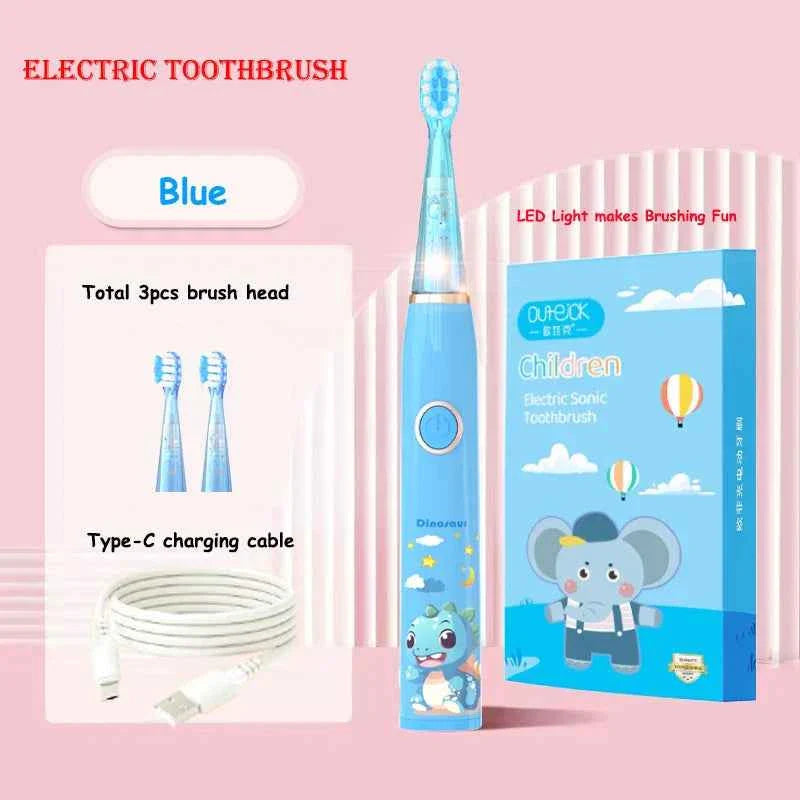 Kids Sonic Electric Toothbrush Child Cartoon with Colorful LED Light IPX7 Waterproof 2 mins Smart Timer Rechargeable Toothbrush