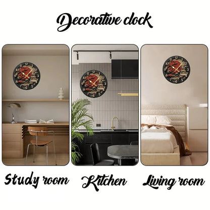 Samurai Themed Wooden Round Silent Hanging Wall Clock, Suitable For Living Room, Office, Study Room, Bedroom, Home Decoration