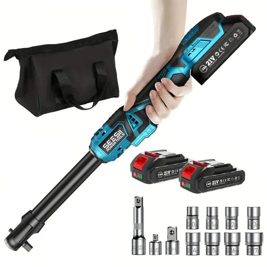 Seesii 3/8'' 80Nm Cordless Electric Wrench 6'' Extended Ratchet Wrench Electric Angle Wrench Driver Auto Repair Tools Set 12V