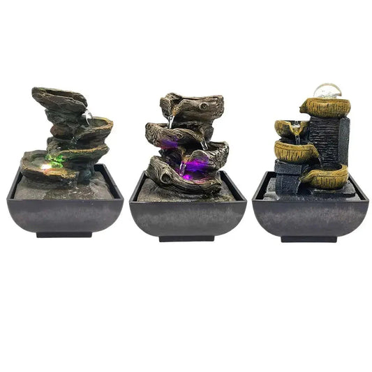 3-Tier Desktop Water Fountain Decor W/LED Plug Type US Portable Indoor Decorative Accent Tabletop Zen Meditation Waterfall Kit H