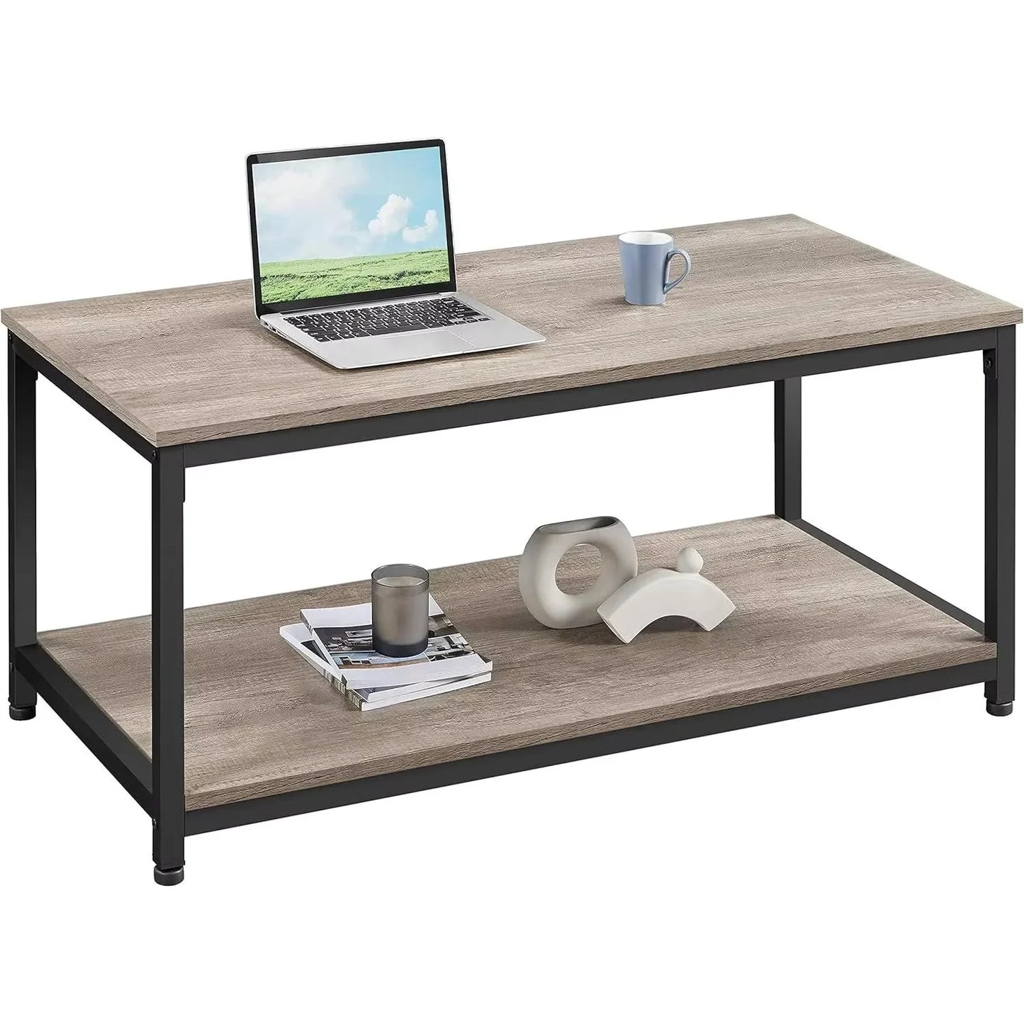 Coffee Tea Table with Metal Frame, Coffee with Open Storage Shelf, Vintage Accent Furniture for Living Room