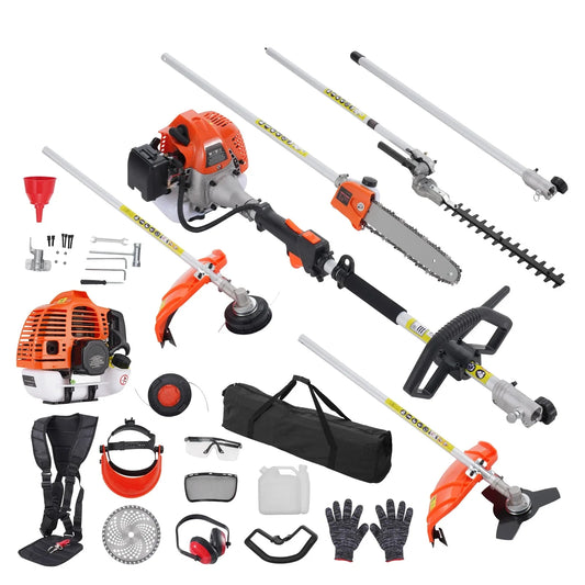 SucceBuy 33CC 6-in-1Multi-Functional Trimming Tools Gas Hedge Trimmer Weed Eater String TrimmerBrush Cutter Pole Saw Chainsaw