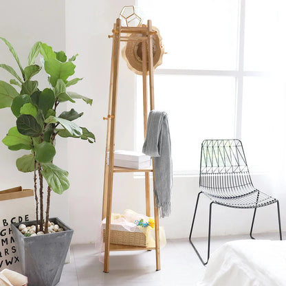 Bamboo Coat Rack Free Standing 2-Shelves Clothing Storage Garment Organizer Stand with 8 Hooks Clothes Poles 55kg Load-bearing f