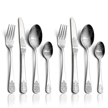 16/24Pcs Silverware Set,304 Stainless Steel Gold Cutlery Kit Mirror Polished Flatware Sets Vintage Carved Utensils Set Tableware
