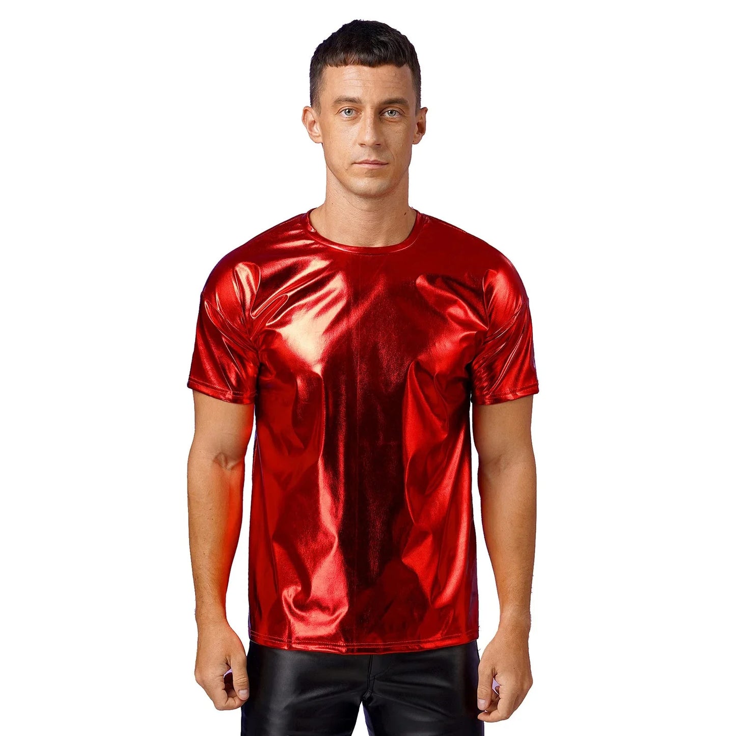Mens Dance Shirts Tops Party Performance 80s Clothes Metallic Shiny Short Sleeve Round Neck T-shirt for Club Show Role Play