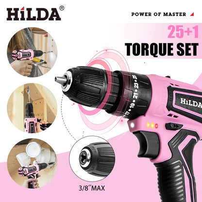 HILDA 21V Pink Drill Electric Drill Electric Screwdriver  Cordless Drill Mini Wireless Power Tools Lithium-Ion Battery