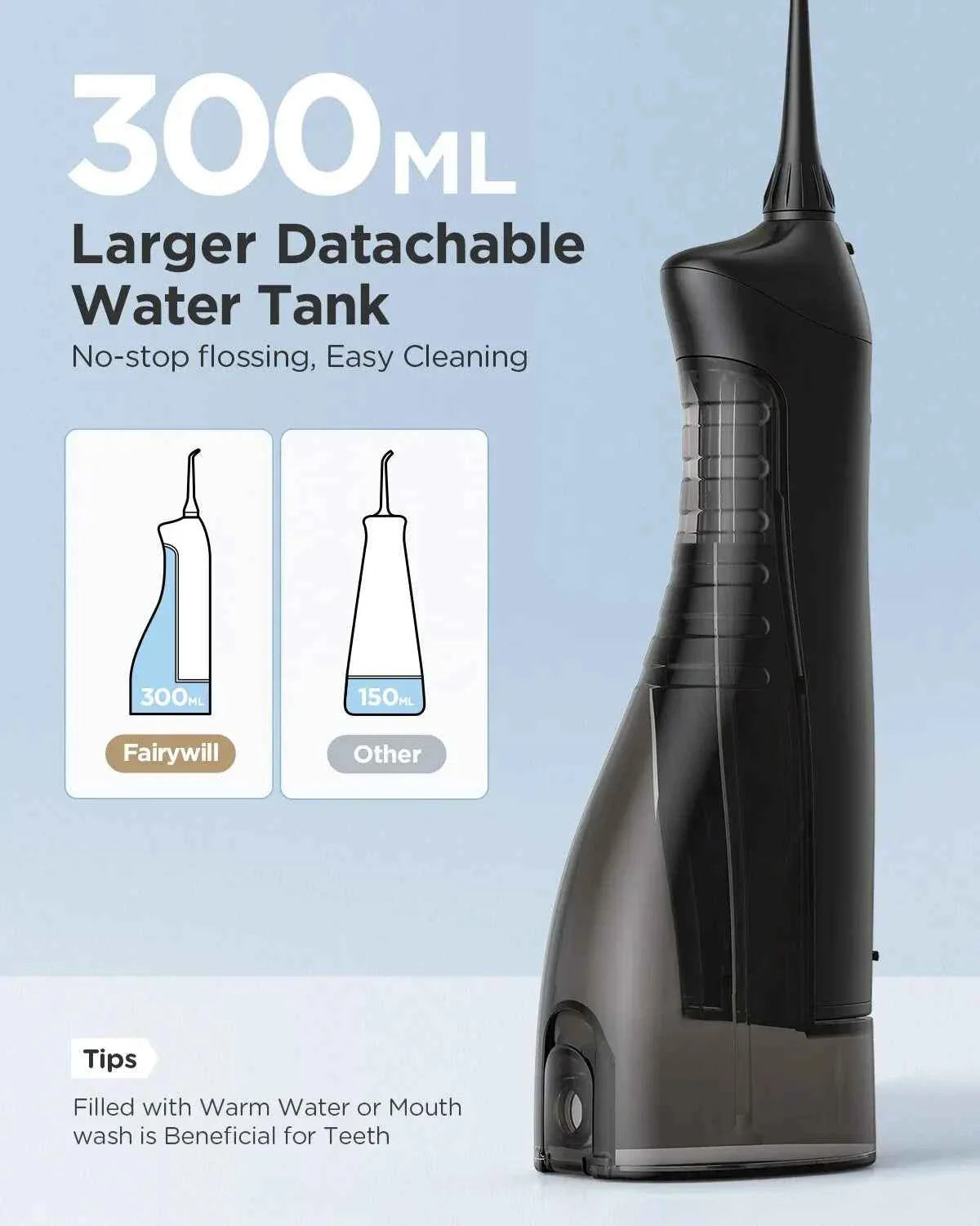 Fairywill Portable Oral Irrigator - 300ML Rechargeable Water Flosser with 3 Cleaning Modes