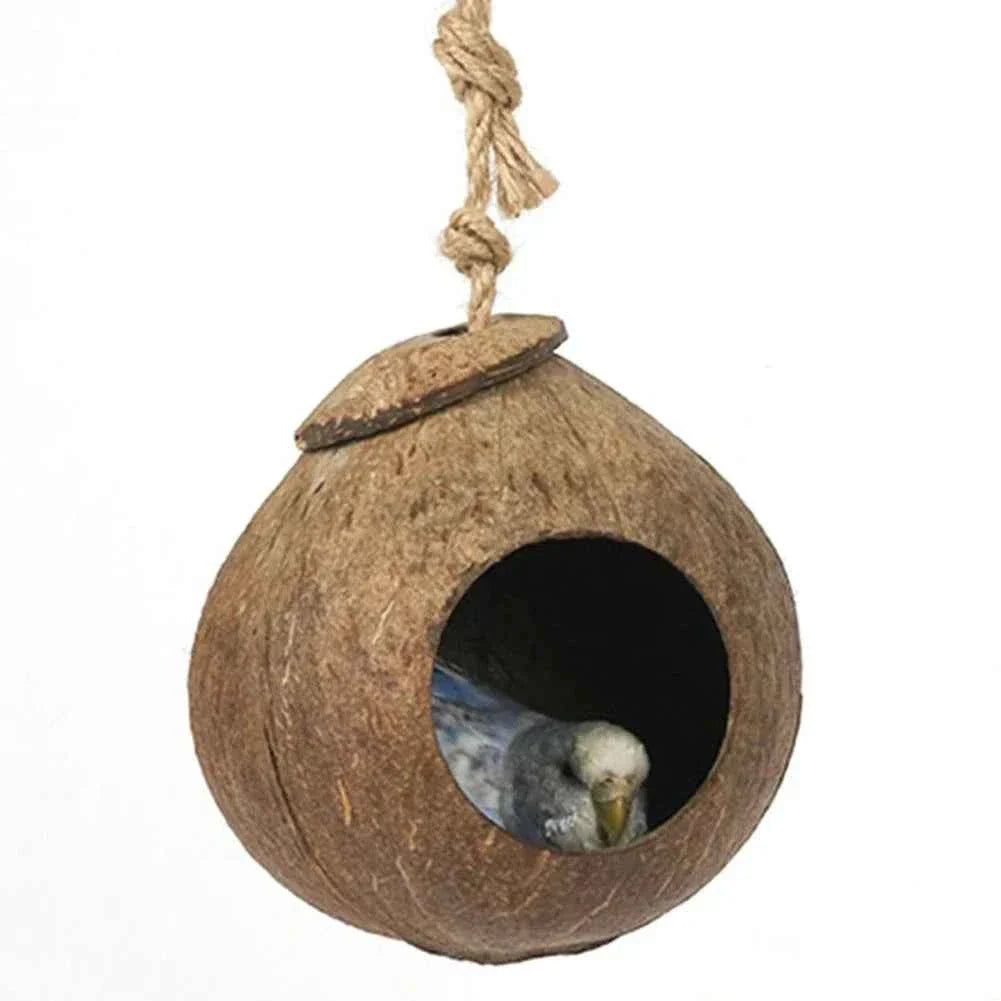 Coconut Bird Nest Hut With Ladder Hanging,Hanging Coconut Bird House Parrot Hideout Bird Cage For Lovebird Pigeons Pet Supplies