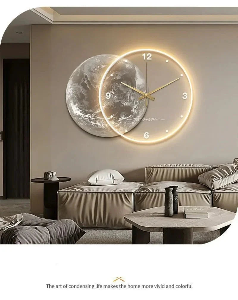 Large Wall Clock Luxury Dining Room Living Room Moon The Earth Modelling LED Light Silent Movement Bedroom Clock Wall Decoration
