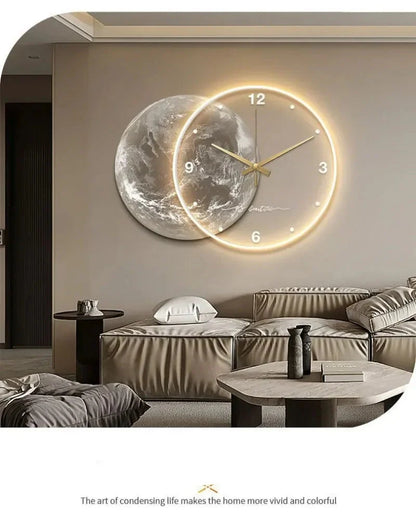 Large Wall Clock Luxury Dining Room Living Room Moon The Earth Modelling LED Light Silent Movement Bedroom Clock Wall Decoration