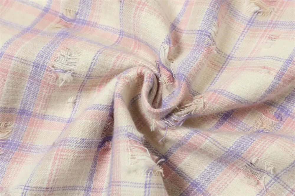 Ripped Plaid Long Sleeve Shirts Mens Pocket Autumn High Street Loose Lapel Single Breasted Checked Shirt Men