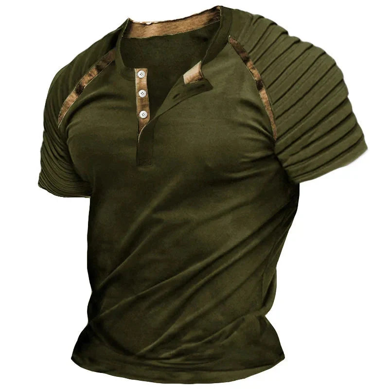 2024 Spring Summer Casual Mens T Shirts Short-sleeved Pleated Buttoned Tops Men Vintage Patchwork Striped T-shirt