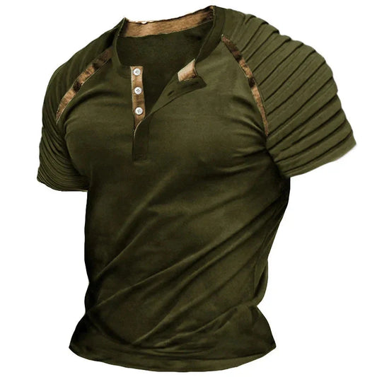 2024 Spring Summer Casual Mens T Shirts Short-sleeved Pleated Buttoned Tops Men Vintage Patchwork Striped T-shirt