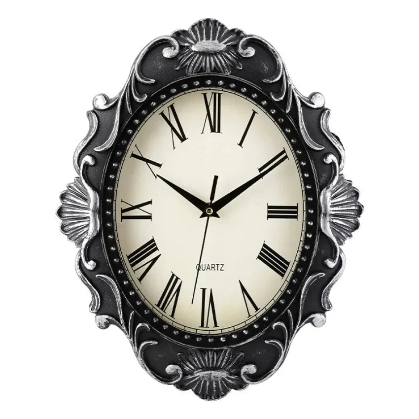 14" Vintage European Court elegance classical Style Wall Clock with Electroplated Black Gold/Silver & Roman Numerals for bedroom