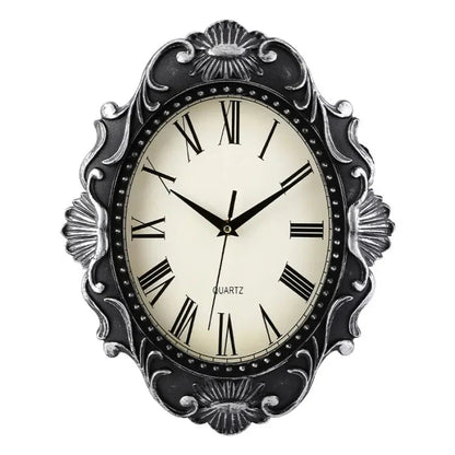 14" Vintage European Court elegance classical Style Wall Clock with Electroplated Black Gold/Silver & Roman Numerals for bedroom