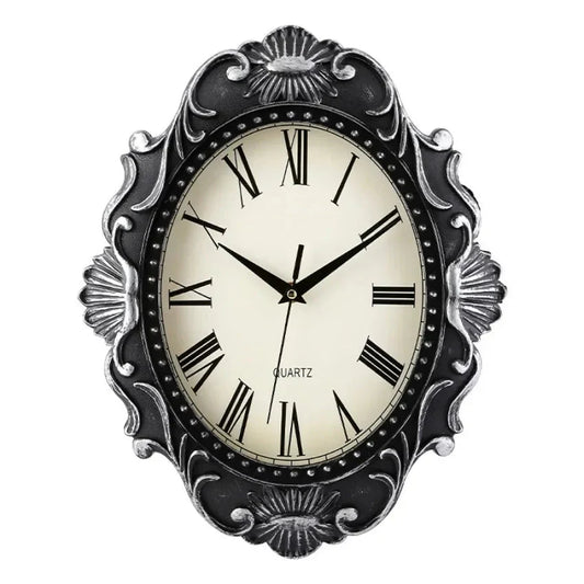 14" Vintage European Court elegance classical Style Wall Clock with Electroplated Black Gold/Silver & Roman Numerals for bedroom