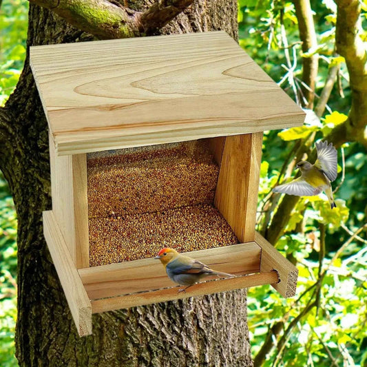 Wood Bird House Feeder with Perch, Outdoors Hanging Bird Feeding Station for Medium Small Birds Parrots