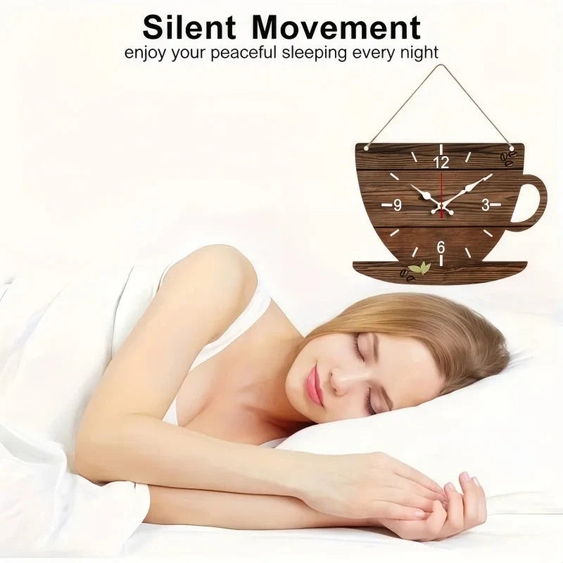 Coffee Cup Shaped Wooden Silent Hanging Wall Clock,Wood Grain Design Suitable For Living Room,Study Room,Bedroom,Home Decoration