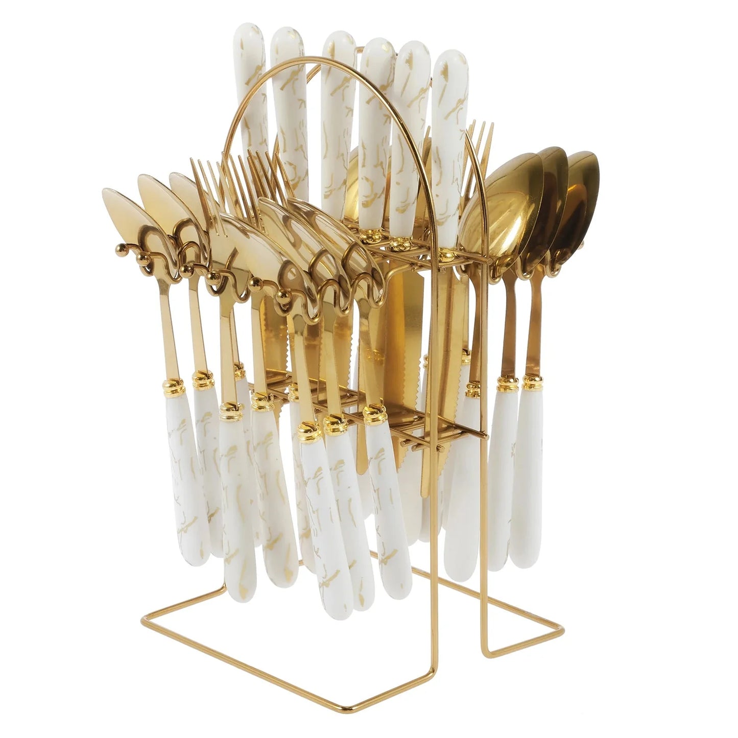 24-Piece Stainless Steel Silverware Set with Vertical Hanging Storage Rack - Mirror Polished Flatware