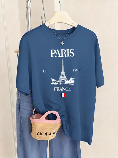 Paris France Eiffel Tower Prints T-Shirts Women Summer Basic Short Sleeve Tops O-Neck Loose T Shirts Basics Soft Womans Clothes