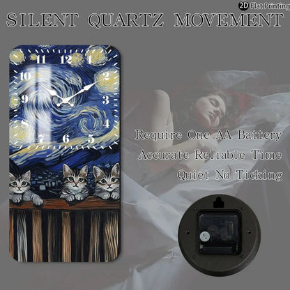 Vintage 2D-Flat Cats with Van Goghs Starry Night backdrop Wooden Silent Quartz Rectangle Wall Clock for Home Idea Holiday Gifts
