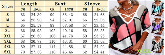 Overlapping V Neck Geometric Print T-shirt Casual Long Sleeve Tops Loose Pullover