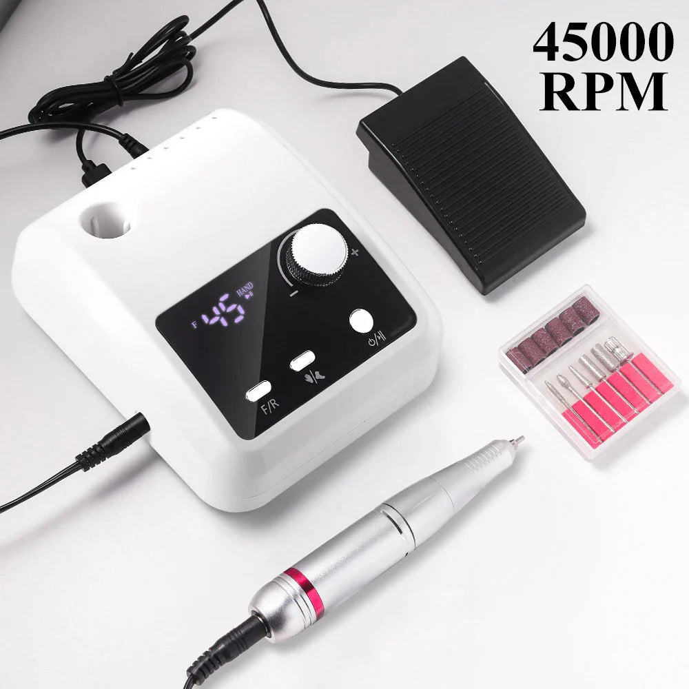 45000RPM Nail Drill Machine Professional Nail Lathe with Large LCD Screen Smart Electric Manicure Polisher Nail Art Tools