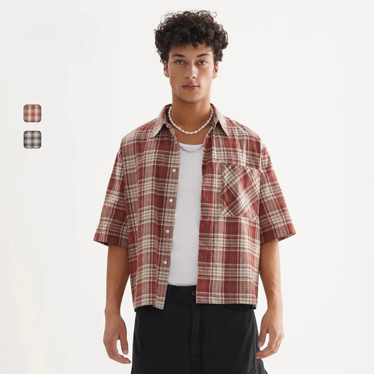‌Plaid Short Sleeve Shirt for Men‌ Casual Button Down,Lightweight Breathable Fabric,Trendy Streetwear,Summer Open Front Top
