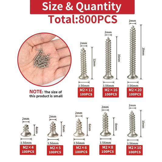 800pcs M2 Self Tapping Screw Assortment Kit Tapping Screw Assortment Kit Lock Nut Wood Thread Nail Screw Sets Self Lock Nut Wood