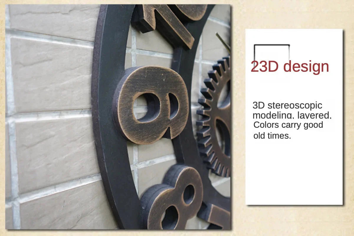 Vintage Style Industrial Wall Clock with Roman Numerals Visible 3D Gears 11"-17" Gold or Silver